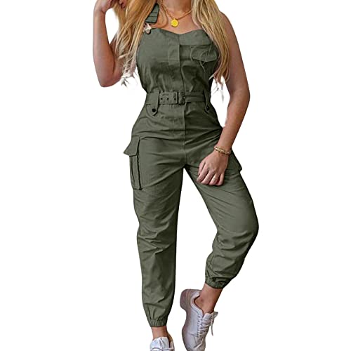 PDYLZWZY Damen lässig Stretch verstellbare Riemen Taschen Denim Latzhose Jeans Hosen gerollt Manschetten Knöchel Länge Jumpsuits (Green, XL) von PDYLZWZY