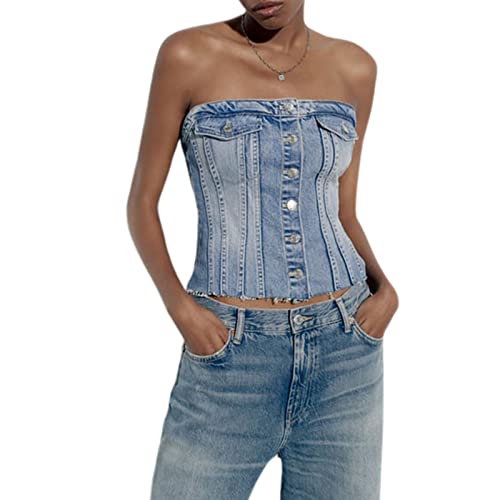 PDYLZWZY Denim Tube Korsett Top für Damen Trägerloses Denim-Kropf-Oberteil Push Up Bustier Ärmelloses Tank Top Rückenfrei Schulterfrei Jean Korsett Top (Blue#1, M) von PDYLZWZY