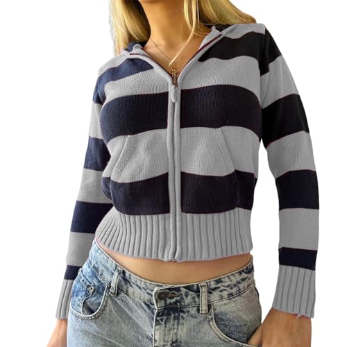 PDYLZWZY Gestreifte Y2K-Cardigan-Kapuzenpullover für Damen Langärmliger Kapuzenpullover mit Reißverschluss Slim Fit Herbstpullover-Jackenmantel mit Tasche (Gray, M) von PDYLZWZY