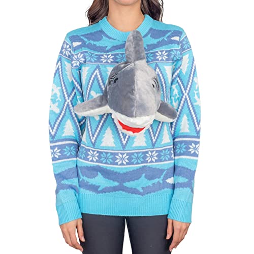 PDYLZWZY Hässlicher Weihnachtspullover für Erwachsene, süßer 3D-Dinosaurier/Elch/Hai-Langarm-Strickpullover, weihnachtlicher, lustiger Langarm-Strickpullover für Damen und Herren (Blue Shark, L) von PDYLZWZY