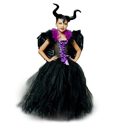 PDYLZWZY Halloween Kinder Mädchen Maleficent Kostüm Hexenkostüm Deluxe Bösewicht Tüllkleid mit Hexenhorn-Stirnband-Set (Black, 4-5T) von PDYLZWZY