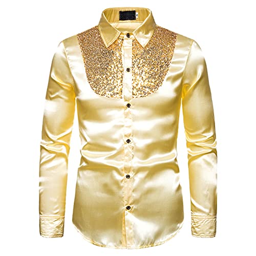 PDYLZWZY Herren Glänzende Pailletten Design Seide wie Satin Button Up Disco Party Kleid Hemden Langarm Slim Fit Prom Hemden Kostüm (Gold, XXL) von PDYLZWZY