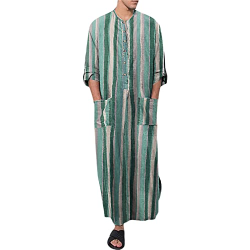 PDYLZWZY Herren Langarm Button Down Gestreifte Kaftan Muslim Robe Seite Split Kaftan Thobe mit Taschen Langes Gewand Casual Shirt (Green, L) von PDYLZWZY