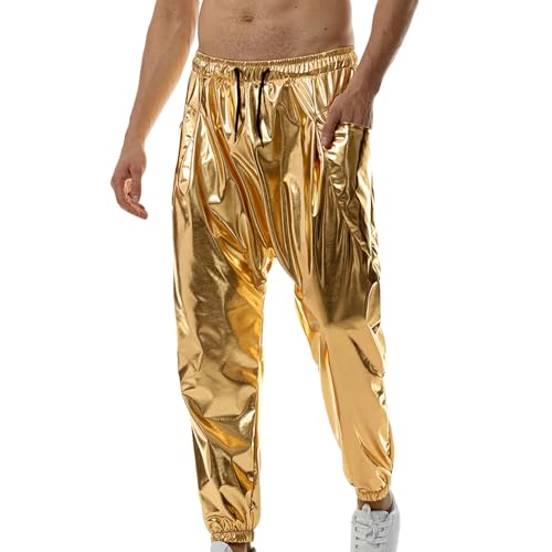 PDYLZWZY Herren Metallic Disco Hose 70er/80er Jahre Paillettenhose Kordelzug Taille Party Club Hose Rave Shiny Jogger (Gold, XXXL) von PDYLZWZY