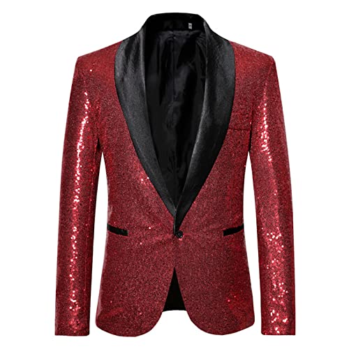 PDYLZWZY Herren Pailletten Blazer Casual EIN-Knopf-Anzug Slim Fit Anzug Blazer Mantel Jacke Performance-Kostüm für Hochzeit und Party (Rot, XXL) von PDYLZWZY