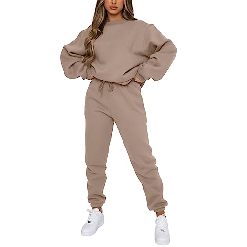 PDYLZWZY Jogger Sets für Damen 2 Stück Trainingsanzug Outfits Langarm Pullover Sweatshirt Hose Set Trainingsanzug (Khaki, S) von PDYLZWZY