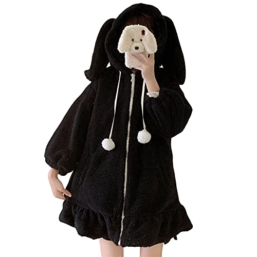 PDYLZWZY Kawaii Anime Nette Häschenohren Mit Kapuze Für Frauen Süße Schöne Fuzzy Flauschige Lolita Warmer Mantel Jacke Sweatshirt (Schwarz A, M) von PDYLZWZY