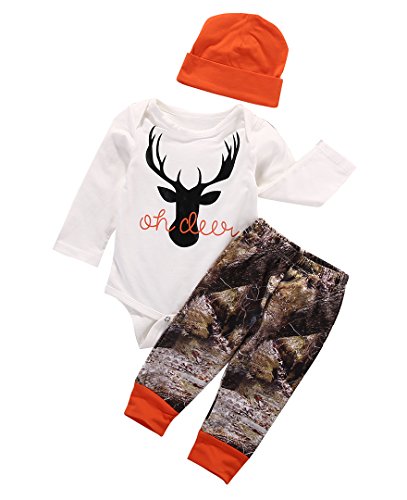 PDYLZWZY Kleinkind Jungen Mädchen Langarm Hirsch Strampler Hose Hut Outfits 3PCs Neugeborenes Baby Outfit Jagd Dusche Kleidung Set (Orange, 0-3 Months) von PDYLZWZY