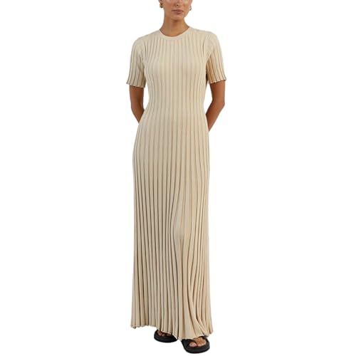 PDYLZWZY Kurzärmliges Strick-Maxikleid für Damen Geripptes, figurbetontes langes Kleid mit Rundhalsausschnitt Sommerliches Party-Rippenstrickkleid zum Binden Slim Fit Y2K Pulloverkleid (Apricot, S) von PDYLZWZY