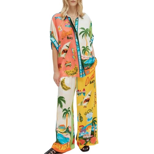 PDYLZWZY Lässige 2-teilige Damen-Outfits im Bohemian-Stil, kurzärmliges Hemd mit Knöpfen und Hosen mit Kordelzug, Strandmode (Yellow, S) von PDYLZWZY