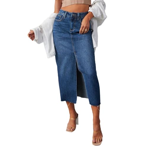 PDYLZWZY Lässiger Denim-Midi-Jeansrock mit Schlitz für Damen Ausgefranster Stretch-Knöpfe mit hoher Taille und Taschen (Dark Blue, S) von PDYLZWZY