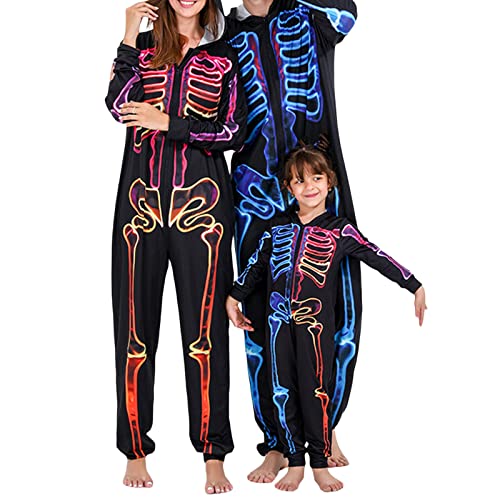 PDYLZWZY Matching Halloween Pyjamas für Familie Langarm Zipper 3D Schädel Skelett gedruckt Hoodie Onesies Loungewear Familie Pjs Sleepwear (Mom, Black, L) von PDYLZWZY