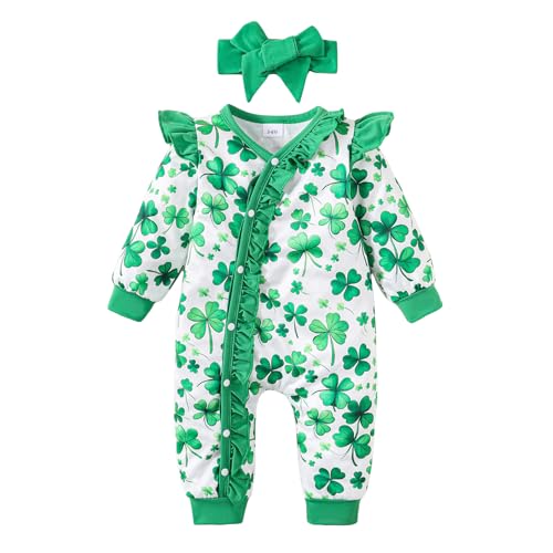 PDYLZWZY Neugeborenes Baby Mädchen St. Patrick's Day Outfit Kleeblatt-Druck Rüschen Strampler V-Ausschnitt Langarm Overall Bodys Irland St. Patrick's Day Outfit Kleidung (Green, 0-3 Months) von PDYLZWZY