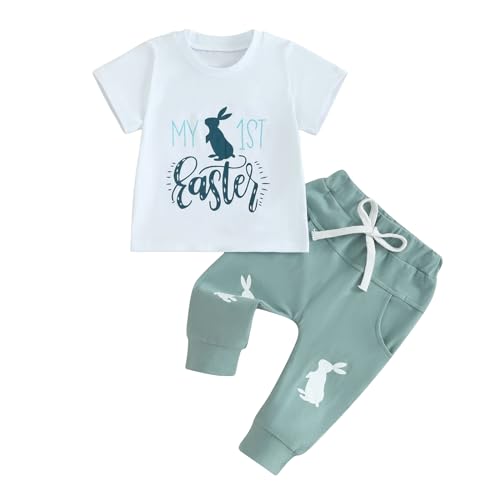 PDYLZWZY Osteroutfit für Baby-Jungen, T-Shirt mit Buchstaben-Kaninchen-Aufdruck, kurzärmliges Oberteil, Hose, mein erstes Oster-Baby-Outfit für Jungen (Green, 12-18 Months) von PDYLZWZY