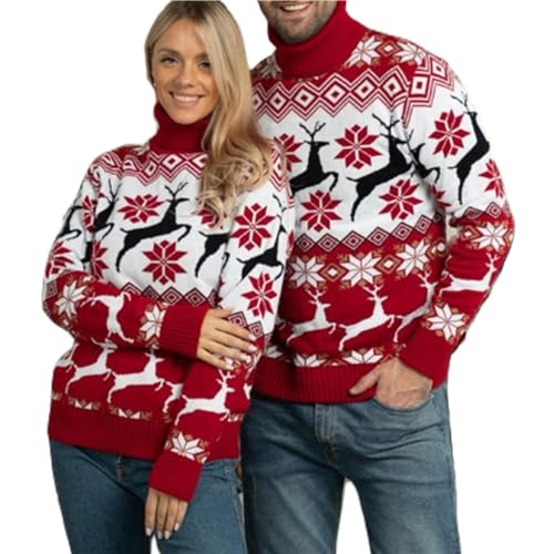 PDYLZWZY Paar-Weihnachtspullover, süßer Elch-Aufdruck, Rollkragenpullover, Langarm-Pullover, Oberteile, Unisex, hässlicher Weihnachtspullover für Männer und Frauen (Red Men, S) von PDYLZWZY