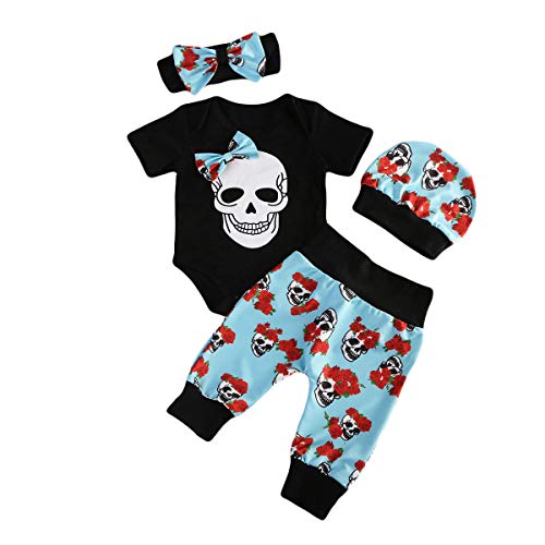 PDYLZWZY Säugling Neugeborenes Baby Halloween Kleidung 4pc Skull Print Strampler+Hose+Mütze+Handschuhe Kleinkind Junge Mädchen Kleidung Set (Black, 0-6 Months) von PDYLZWZY