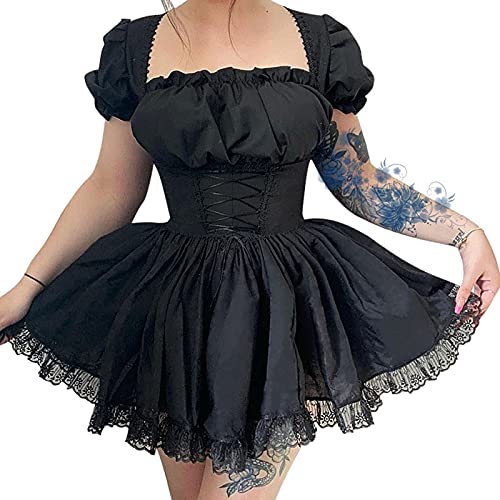 PDYLZWZY Schwarz Gothic Lolita Weißes Spitzenkleid Langarm Lace-up Goth Schulterfrei Midikleider für Frauen Cosplay Party Prom (Schwarz, L) von PDYLZWZY