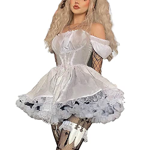 PDYLZWZY Schwarz Gothic Lolita Weißes Spitzenkleid Langarm Lace-up Goth Schulterfrei Midikleider für Frauen Cosplay Party Prom (Weiß, L) von PDYLZWZY