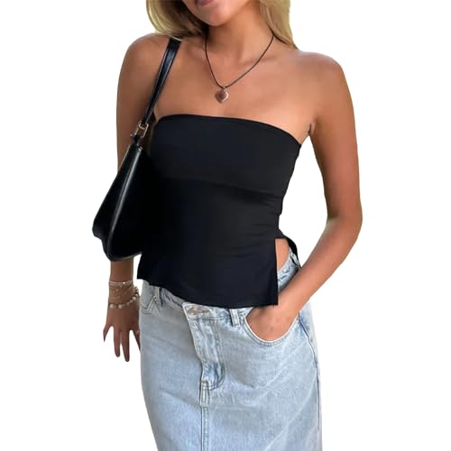 PDYLZWZY Trägerloses, seitlich geschlitztes Bandeau-Top für Damen, ärmellos, rückenfrei, schlanke Passform, Röhrenoberteil, asymmetrischer Schlitzsaum, Y2K-Sexy-Tank-Bustier zum Ausgehen (Black, S) von PDYLZWZY