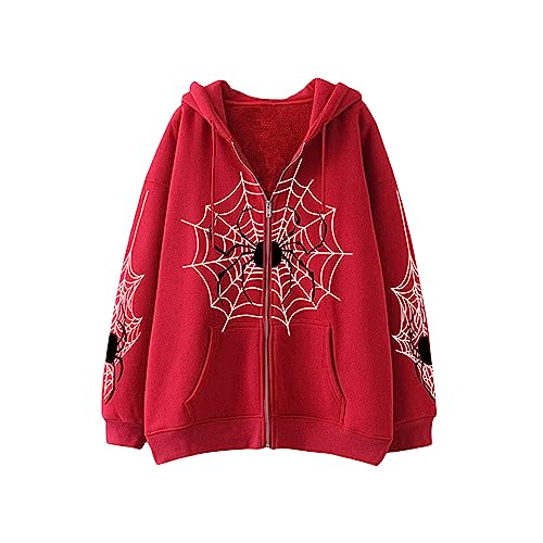 PDYLZWZY Unisex Y2k Kapuzenpulli mit Reißverschluss Punk Goth Spider Grafik Print Sweatshirt Lässig Ästhetisch Übergroße Jacke Harajuku Streetwear (Red, S) von PDYLZWZY