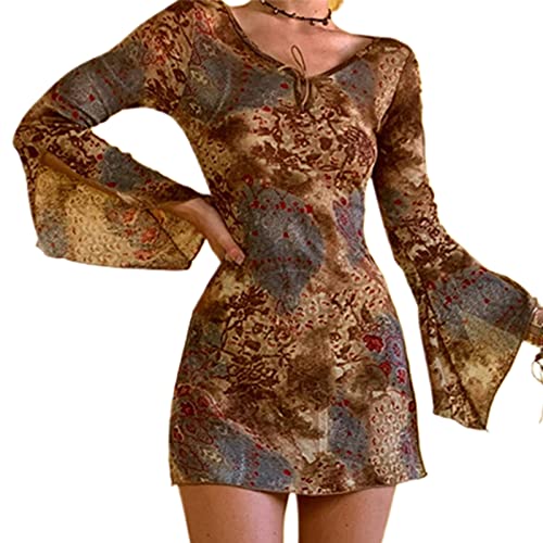 PDYLZWZY Vintage Y2K Print Flare Ärmel Rüschen V-Ausschnitt Kleid Ästhetisch Harajuku Bodycon Minikleid Braun Fairycore Streetwear (C, L) von PDYLZWZY