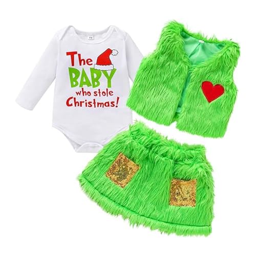 PDYLZWZY Weihnachten Baby Jungen Mädchen Grinch Kostüm 3PCS Pelzige Kostüme Langarm Strampler + Flauschige Weste + Rock Set Neugeborenes Grünes Monster Kostüm (Green, 9-12 Months) von PDYLZWZY