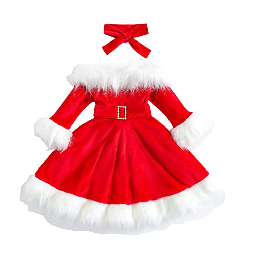 PDYLZWZY Weihnachtsoutfit für Neugeborene, Weihnachtskleid für Mädchen, roter Samt, langärmelig, Weihnachtsmann-Kleid, Weihnachtsstirnband, Weihnachtsmann-Outfits-Set (Red#1, 3-4 Years) von PDYLZWZY