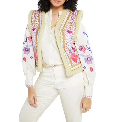 PDYLZWZY Y2K Damen Vintage bestickte Weste Tops Fleece abgeschnitten ärmellose Floral Cardigans Grunge Westen Dusters (Pink, L) von PDYLZWZY