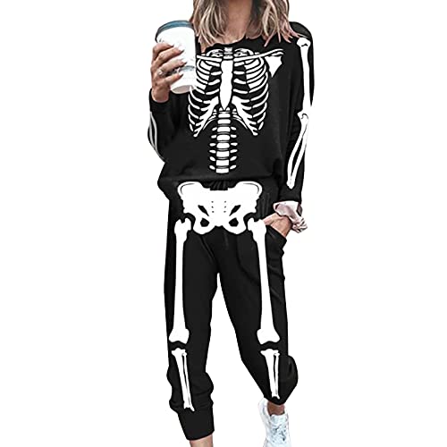 PDYLZWZY Zweiteilige Outfits für Damen - Skelett-Print-Langarm-Sweatshirt und Jogginghose-Trainingsanzug-Sets für Halloween (Schwarz, S) von PDYLZWZY
