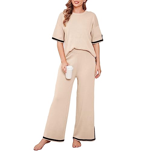 PDYLZWZY Zweiteilige Strick-Outfits für Damen Kurzärmeliges Crop Top Weite Hosenbeine Strick-Sweatdress Loungewear Jogginganzug Set (Apricot, M) von PDYLZWZY