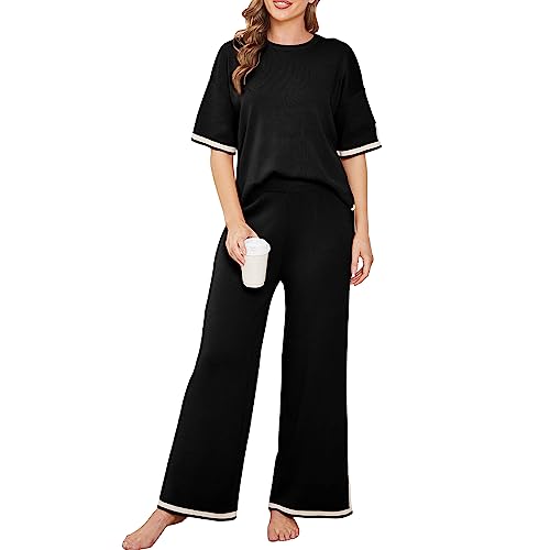 PDYLZWZY Zweiteilige Strick-Outfits für Damen Kurzärmeliges Crop Top Weite Hosenbeine Strick-Sweatdress Loungewear Jogginganzug Set (Black, M) von PDYLZWZY