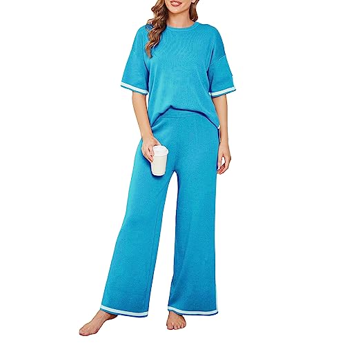 PDYLZWZY Zweiteilige Strick-Outfits für Damen Kurzärmeliges Crop Top Weite Hosenbeine Strick-Sweatdress Loungewear Jogginganzug Set (Blue, M) von PDYLZWZY