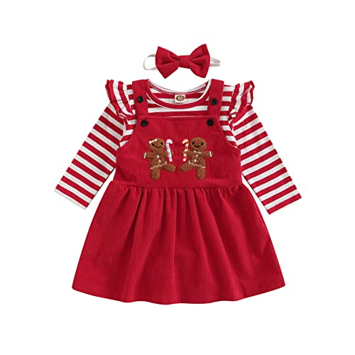 Säugling Baby Mädchen Weihnachten Outfit Lange Ärmel Gestreift Rundhalsausschnitt Rüschen Strampler + Lebkuchenmann Besticktes Lätzchen Kleid Strapsen Rock (Red, 0-6 Months) von PDYLZWZY