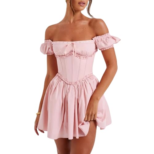 Women's Off Shoulder Puff Short Sleeve Ruffle High Waist Summer Mini Dress Backless Corset A-Line Dress Y2K Streetwear (Pink, S) von PDYLZWZY