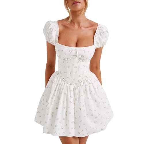 Women's Off Shoulder Puff Short Sleeve Ruffle High Waist Summer Mini Dress Backless Corset A-Line Dress Y2K Streetwear (White, M) von PDYLZWZY