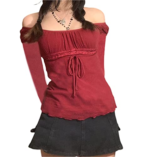 Y2k Fairy Grunge Hemden Frauen Ästhetische Vintage Slim Fitted Crop Tops Lace Trim Slim Harajuku Hemden Y2K Vintage 90s Bluse (Wine Red#1, M) von PDYLZWZY
