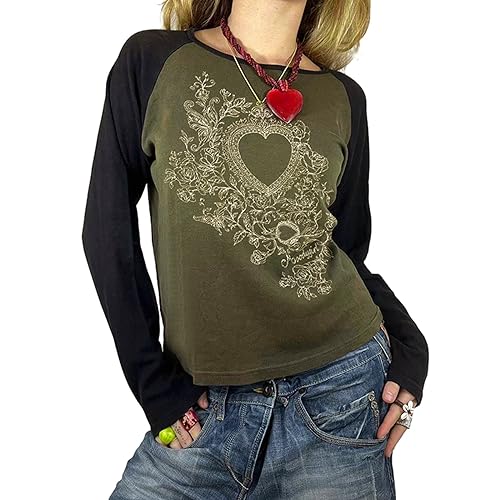 Y2k Fee Grunge Grafik Langarm T-Shirts Tops Damen E-Girls Ästhetische Gothic Schwertflügel Print Baggy T-Shirts Emo Kleidung (Green, S) von PDYLZWZY