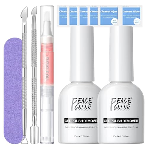 PEACECOLOR 2 Stücke Nagellackentferner, 10ML Gel Nail Polish Remover mit Nagelfeile Nagelhautschieber Cuticle Oil für Nagellack von PEACECOLOR