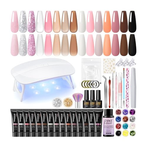 PEACECOLOR 42 Stück Poly Nail Gel Kit, 15 Farben Poly Nagelverlängerung Gel Set mit Nagellampe Builder Selber Machen Nägel Set Geschenk für Frauen von PEACECOLOR