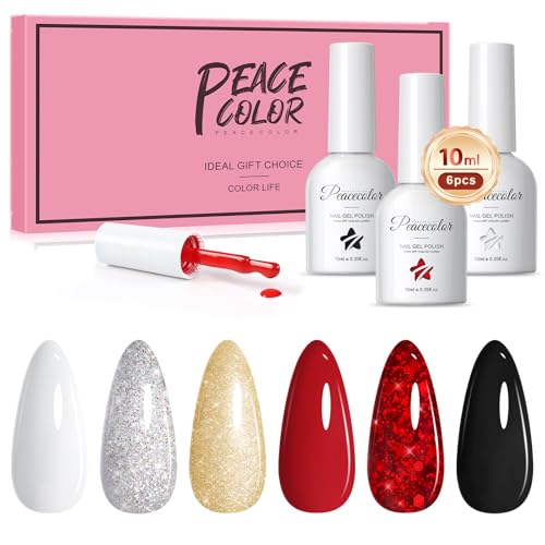 PEACECOLOR 6 Farben UV Nagellack Set 10ml Soak Off UV Gelnägel sets Weiß Rot Schwarz Silber Goldene Gel Nail Polish Set für Nagelstudio und DIY zu Hause PEACECOLOR 6 Farben UV Nagellack Set 10ml Soak Off UV Gelnägel sets Weiß Rot Schwarz Silber Goldene Gel Nail Polish Set für Nagelstudio und DIY zu Hause von PEACECOLOR