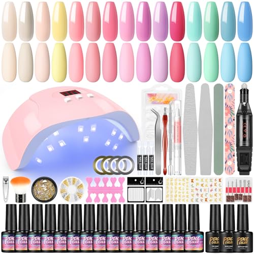 PEACECOLOR Gel-Nagel-Set mit elektrischer Nagelfeile, 15-teiliges Gel-Nagellack-Set mit Lampen-Starter-Kit mit matter Oberlack, 36 W UV/LED-Nagellampe, professionelle Maniküre-Werkzeuge und Dekoration von PEACECOLOR