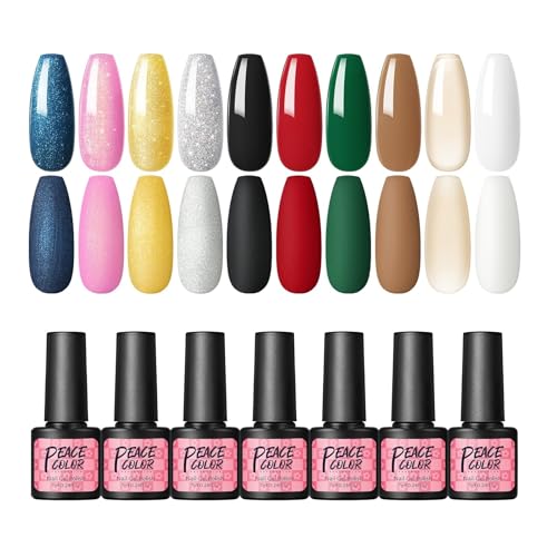 PEACECOLOR 10 Farben UV Nagellack Gel Rot, Weiß, Grün, Braun, Nude und Glitzer UV Gellack Soak-Off Gel Nail Polish Starter Set für Nail Salon DIY, 7ML von PEACECOLOR