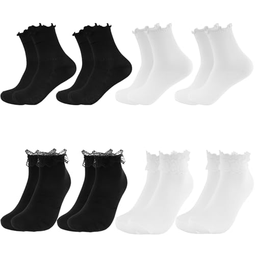 PEAKTOP 8 Paar Weiß Schwarz Socken Mit Rüschen Damen, Baumwolle Rüschensocken Damen, Rüschensöckchen Damen Setzen, Ballettsocken, Bequem Atmungsaktiv Spitzensöckchen Für Frauen Mädchen von PEAKTOP