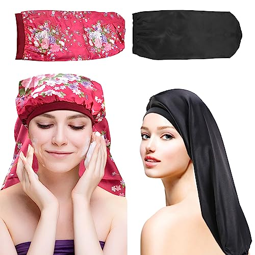 PEALOVCOM 2 Stück Lange Satin Haarhaube Mädchen Seidige Schlafmütze Satin Nachtschlafkappe Frauen Seidenhaube zum Schlafen Seidenmütze für Langen Haaren (Schwarz, Rot) von PEALOVCOM