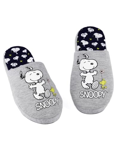 PEANUTS Snoopy Damen Hausschuhe | Winter Weihnachten Feiertag Classic Cartoon Snoopy und Woodstock Charakter Kidult Merchandise Geschenk | Graue Marl Pantoletten für Damen | Kuschelige Indoor-Schuhe von PEANUTS