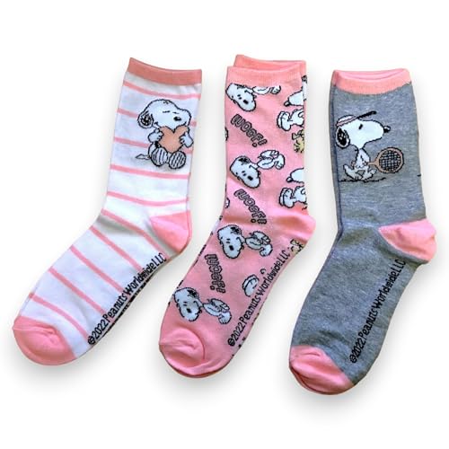 PEANUTS Snoopy-Socken, 3er-Pack, offizielle Socken, Rosa, Weiß und Grau, für Damen, Größe 3,5-7, Größe 36-40, Rosa, weiß und grau, 36-40 von PEANUTS