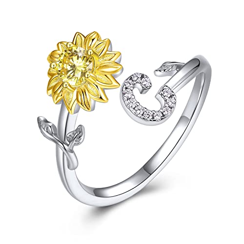 PEARLOVE 925 Sterling Silber Mädchen Buchstabe Ring, Damen Sonnenschein Sonnenblume CZ Ring mit Buchstaben A-Z Offene Ring Verstellbar Größe 6-12 von PEARLOVE