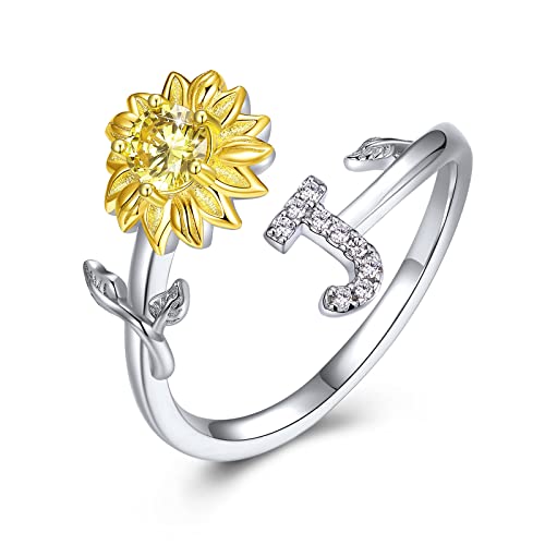 PEARLOVE 925 Sterling Silber Mädchen Buchstabe Ring, Damen Sonnenschein Sonnenblume CZ Ring mit Buchstaben A-Z Offene Ring Verstellbar Größe 6-12 von PEARLOVE