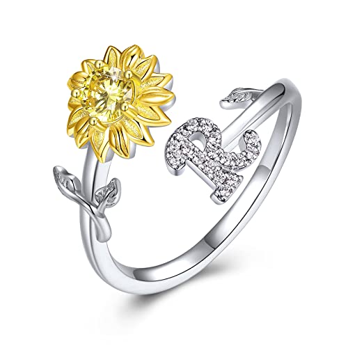 PEARLOVE 925 Sterling Silber Mädchen Buchstabe Ring, Damen Sonnenschein Sonnenblume CZ Ring mit Buchstaben A-Z Offene Ring Verstellbar Größe 6-12 von PEARLOVE