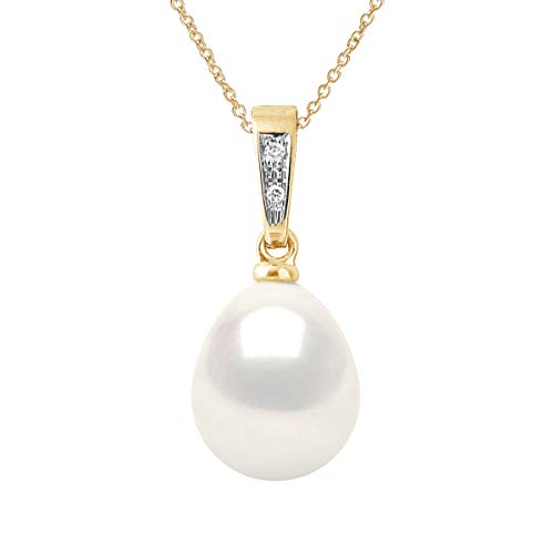 PEARLS & COLORS - Juwelieranhänger Echte Süßwasserzuchtperle Birne 9-10 mm - Qualität AAA+ - Naturweiß - Diamant 0.020 Cts - Erhältlich in Gelbgold und Weißgold - Damenschmuck von PEARLS & COLORS NATURAL FINE PEARLS